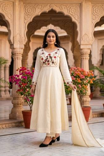 Women's new trendy white embroidered anarkali suit with pant & dupatta set