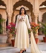 Women's new trendy white embroidered anarkali suit with pant & dupatta set