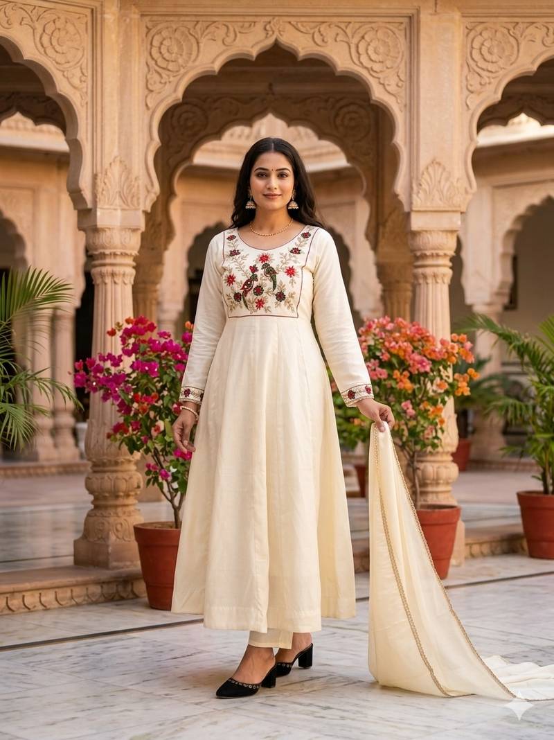 Women's new trendy white embroidered anarkali suit with pant & dupatta set