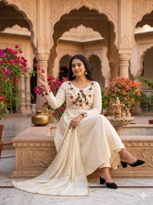 Women's new trendy white embroidered anarkali suit with pant & dupatta set 2