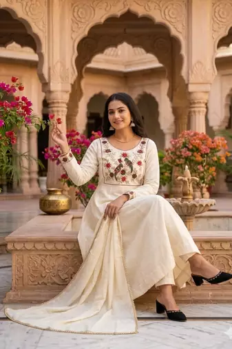 Women's new trendy white embroidered anarkali suit with pant & dupatta set