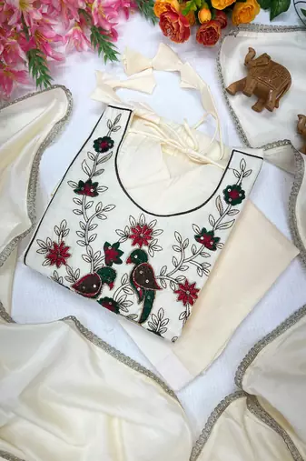 Women's new trendy white embroidered anarkali suit with pant & dupatta set