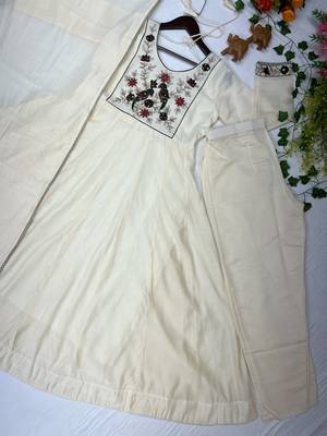 Women's new trendy white embroidered anarkali suit with pant & dupatta set 4