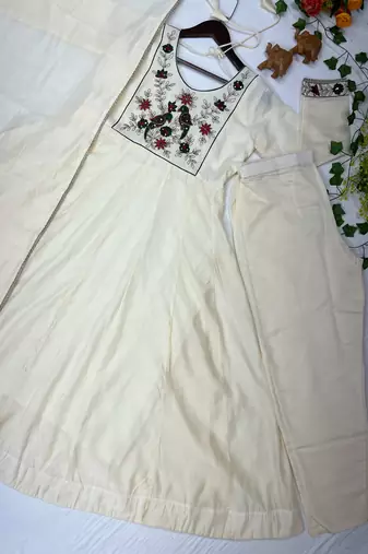 Women's new trendy white embroidered anarkali suit with pant & dupatta set