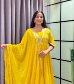 yellow color multi-sequin and zari embroidered faux blooming georgette gown set