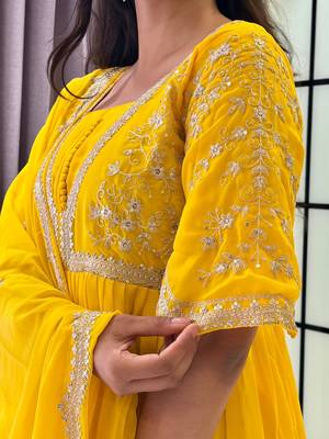 yellow color multi-sequin and zari embroidered faux blooming georgette gown set 2