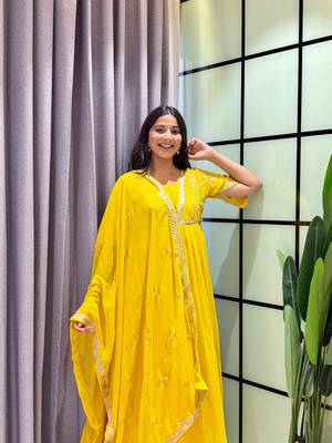 yellow color multi-sequin and zari embroidered faux blooming georgette gown set 3
