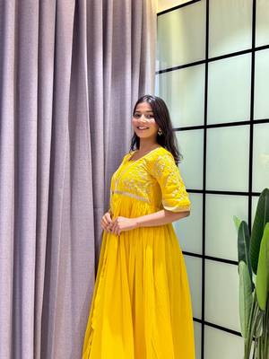 yellow color multi-sequin and zari embroidered faux blooming georgette gown set 4