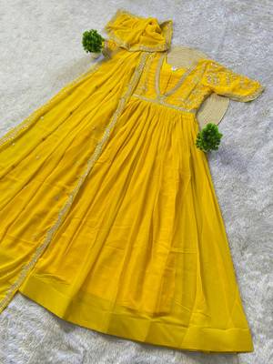 yellow color multi-sequin and zari embroidered faux blooming georgette gown set 5
