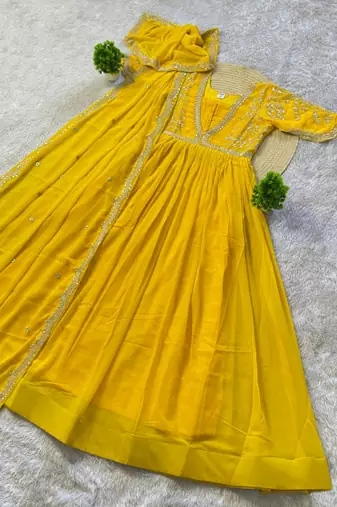 yellow color multi-sequin and zari embroidered faux blooming georgette gown set
