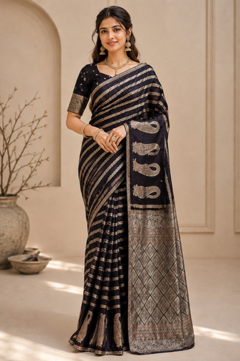 Black Color Combination Of Silver And Gold Zari Weaving, Intricate Mango Motifs Viscose Satin Silk Saree