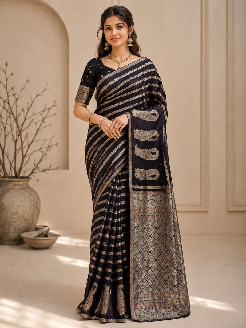 Black Color Combination Of Silver And Gold Zari Weaving, Intricate Mango Motifs Viscose Satin Silk Saree