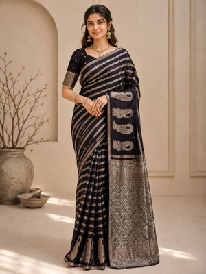 Black Color Combination Of Silver And Gold Zari Weaving, Intricate Mango Motifs Viscose Satin Silk Saree 1