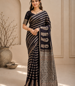 Black Color Combination Of Silver And Gold Zari Weaving, Intricate Mango Motifs Viscose Satin Silk Saree