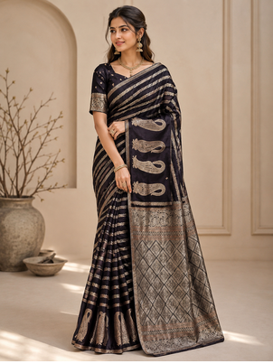 Black Color Combination Of Silver And Gold Zari Weaving, Intricate Mango Motifs Viscose Satin Silk Saree 2
