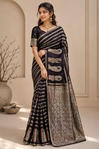 Black Color Combination Of Silver And Gold Zari Weaving, Intricate Mango Motifs Viscose Satin Silk Saree