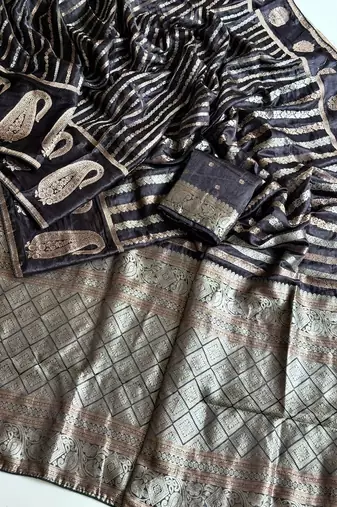 Black Color Combination Of Silver And Gold Zari Weaving, Intricate Mango Motifs Viscose Satin Silk Saree
