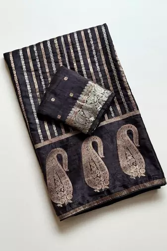 Black Color Combination Of Silver And Gold Zari Weaving, Intricate Mango Motifs Viscose Satin Silk Saree