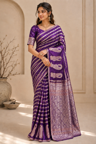 Purple Color Combination Of Silver And Gold Zari Weaving, Intricate Mango Motifs Viscose Satin Silk Saree
