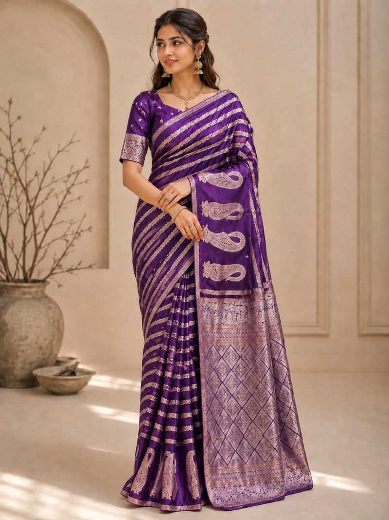 Purple Color Combination Of Silver And Gold Zari Weaving, Intricate Mango Motifs Viscose Satin Silk Saree