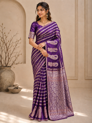 Purple Color Combination Of Silver And Gold Zari Weaving, Intricate Mango Motifs Viscose Satin Silk Saree 1
