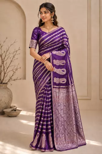 Purple Color Combination Of Silver And Gold Zari Weaving, Intricate Mango Motifs Viscose Satin Silk Saree