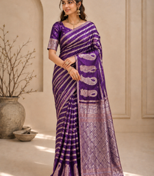 Purple Color Combination Of Silver And Gold Zari Weaving, Intricate Mango Motifs Viscose Satin Silk Saree