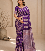 Purple Color Combination Of Silver And Gold Zari Weaving, Intricate Mango Motifs Viscose Satin Silk Saree