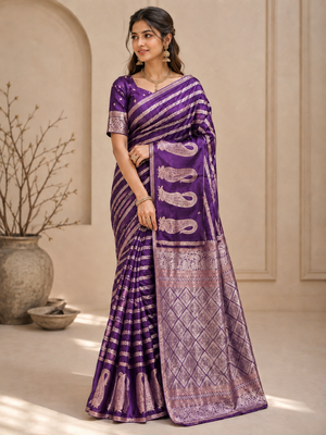 Purple Color Combination Of Silver And Gold Zari Weaving, Intricate Mango Motifs Viscose Satin Silk Saree 2