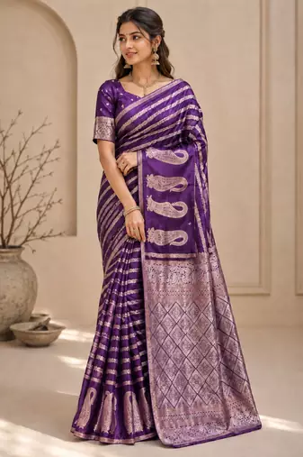Purple Color Combination Of Silver And Gold Zari Weaving, Intricate Mango Motifs Viscose Satin Silk Saree