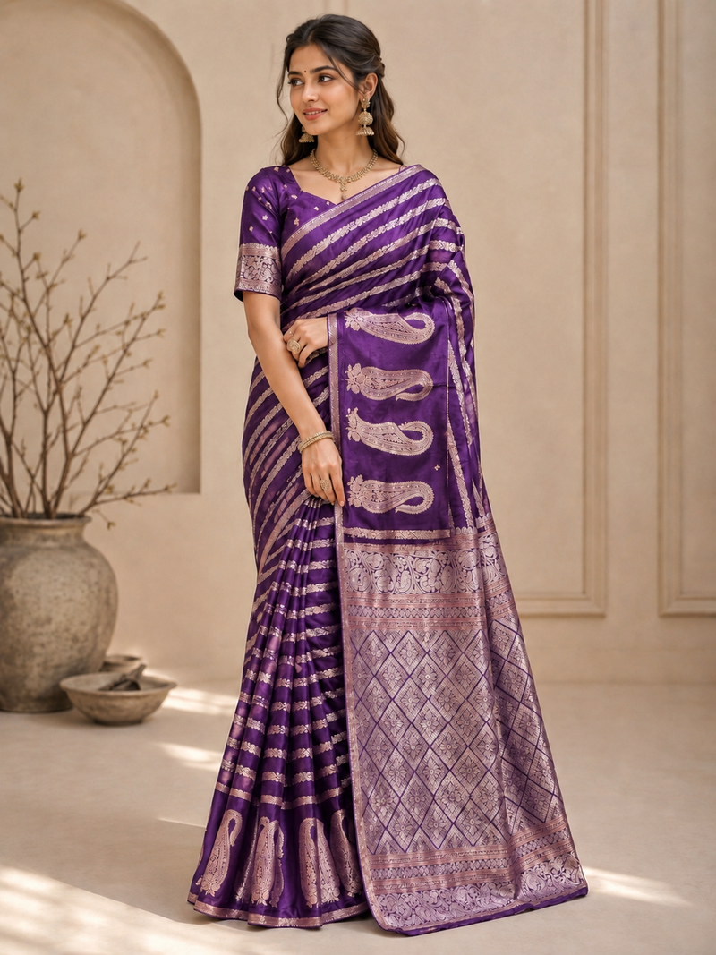 Purple Color Combination Of Silver And Gold Zari Weaving, Intricate Mango Motifs Viscose Satin Silk Saree