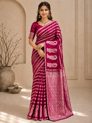 Rani Pink Color Combination Of Silver And Gold Zari Weaving, Intricate Mango Motifs Viscose Satin Silk Saree 1