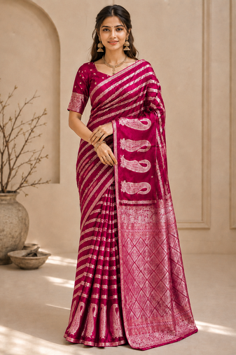 Rani Pink Color Combination Of Silver And Gold Zari Weaving, Intricate Mango Motifs Viscose Satin Silk Saree