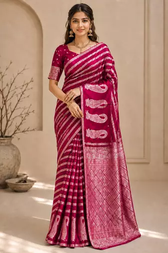 Rani Pink Color Combination Of Silver And Gold Zari Weaving, Intricate Mango Motifs Viscose Satin Silk Saree