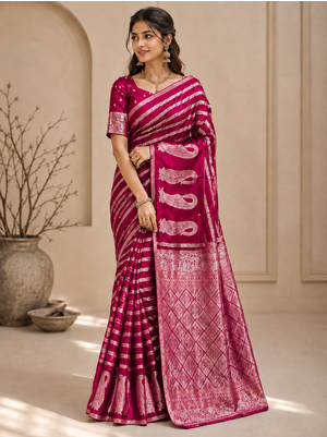 Rani Pink Color Combination Of Silver And Gold Zari Weaving, Intricate Mango Motifs Viscose Satin Silk Saree 2