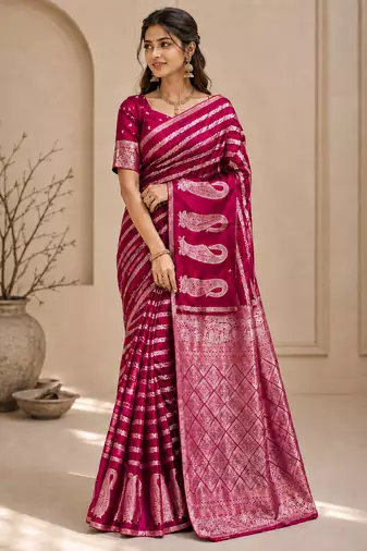 Rani Pink Color Combination Of Silver And Gold Zari Weaving, Intricate Mango Motifs Viscose Satin Silk Saree