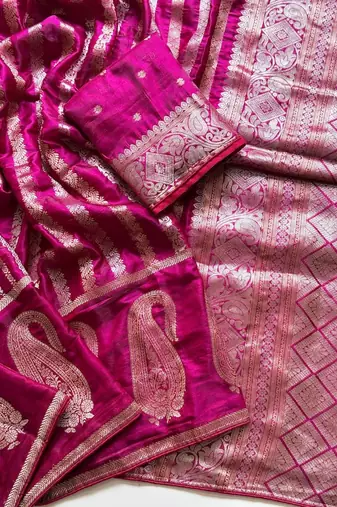Rani Pink Color Combination Of Silver And Gold Zari Weaving, Intricate Mango Motifs Viscose Satin Silk Saree