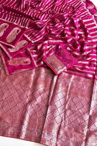 Rani Pink Color Combination Of Silver And Gold Zari Weaving, Intricate Mango Motifs Viscose Satin Silk Saree