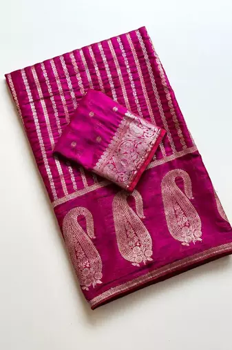 Rani Pink Color Combination Of Silver And Gold Zari Weaving, Intricate Mango Motifs Viscose Satin Silk Saree