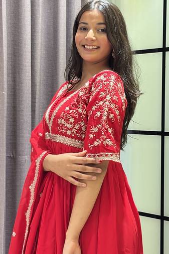 red color multi-sequin and zari embroidered faux blooming georgette gown set