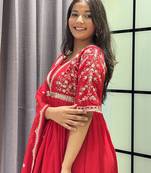 red color multi-sequin and zari embroidered faux blooming georgette gown set