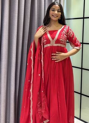 red color multi-sequin and zari embroidered faux blooming georgette gown set 2