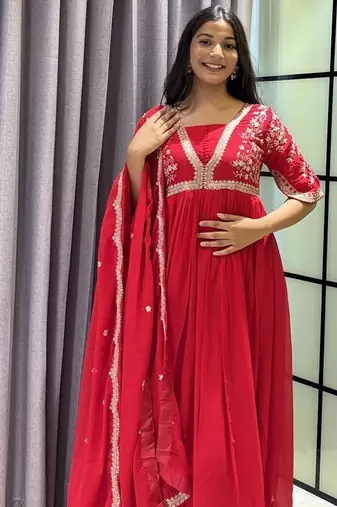 red color multi-sequin and zari embroidered faux blooming georgette gown set