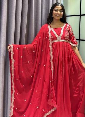 red color multi-sequin and zari embroidered faux blooming georgette gown set 3