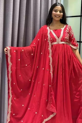 red color multi-sequin and zari embroidered faux blooming georgette gown set
