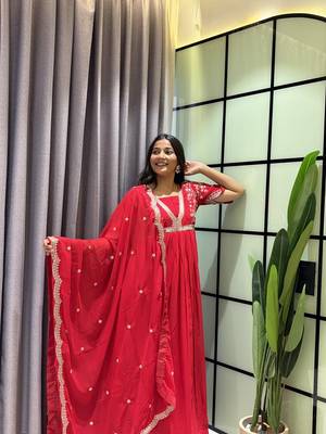 red color multi-sequin and zari embroidered faux blooming georgette gown set 4