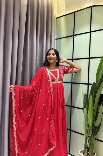 red color multi-sequin and zari embroidered faux blooming georgette gown set