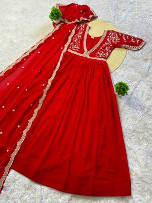 red color multi-sequin and zari embroidered faux blooming georgette gown set 5