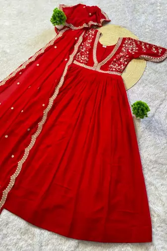 red color multi-sequin and zari embroidered faux blooming georgette gown set
