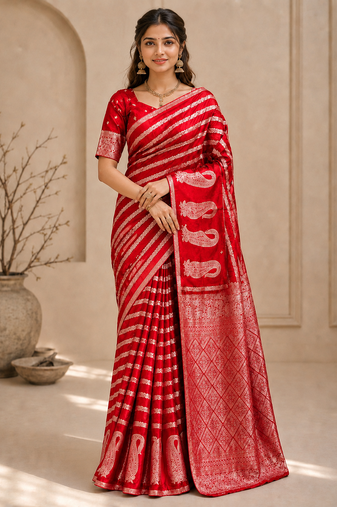 Red Color Combination Of Silver And Gold Zari Weaving, Intricate Mango Motifs Viscose Satin Silk Saree